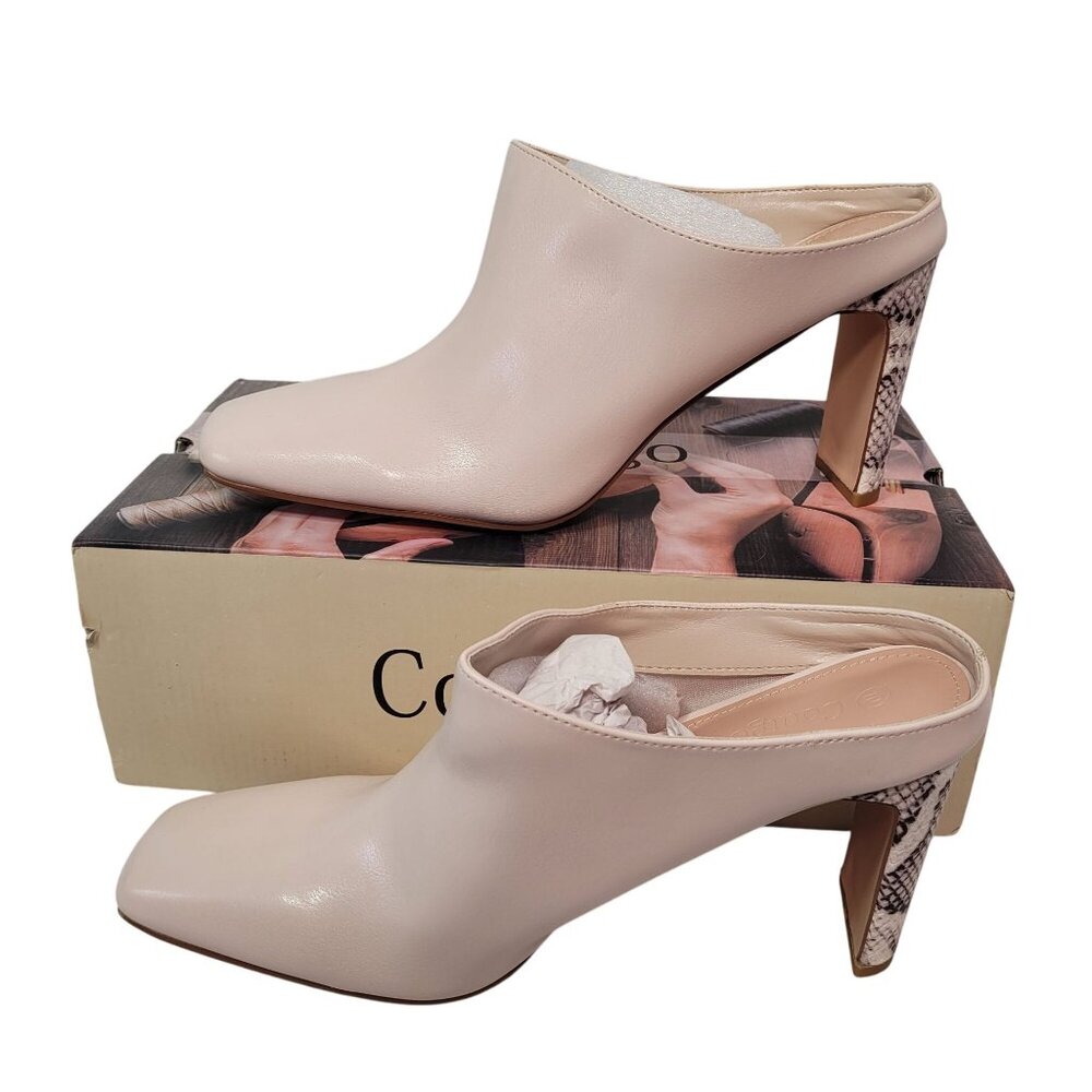 COUTGO Women's Square Toe Mules Snakeskin High Heel Ankle Boots Beige Size 10